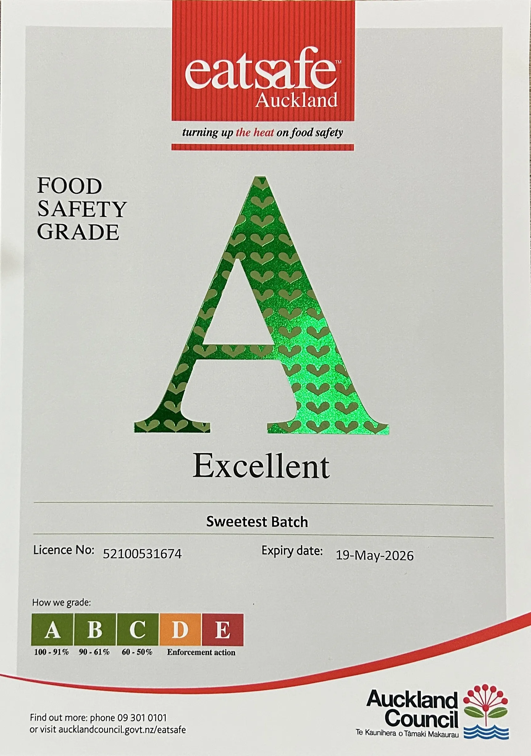 A-grade food hygiene certificate